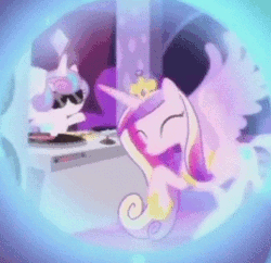Size: 394x382 | Tagged: safe, derpibooru import, screencap, princess cadance, princess flurry heart, alicorn, pony, a royal problem, animated, club can't handle me, context is for the weak, cropped, cute, cutedance, dancing, dj flurry heart, dream, dream orbs, duo, flurrybetes, gif, speakers, stabilized, sunglasses, turntable