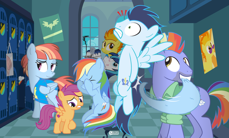 Size: 1260x760 | Tagged: safe, artist:dm29, derpibooru import, bow hothoof, rainbow dash, scootaloo, shining armor, soarin', spitfire, windy whistles, pegasus, pony, unicorn, parental glideance, backwards cutie mark, clothes, double facehoof, embarrassed, eyes closed, facehoof, female, frown, funny background event, grin, gritted teeth, infidelity, kiss mark, lidded eyes, lipstick, literal butthurt, locker room, looking down, male, mare, microphone, mirror, mouth hold, nervous, on back, pain, rainbow dash's parents, raised eyebrow, shipping, sitting, smiling, spanking, spitshine, spread wings, stallion, straight, tied up, towel, towel snap, wide eyes, windyhoof, wings, wonderbolts headquarters