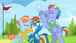 Size: 1920x1080 | Tagged: safe, derpibooru import, screencap, bow hothoof, rainbow dash, windy whistles, pony, parental glideance, female, male, noogie, rainbow dash's parents, shipping, straight, windyhoof