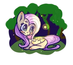 Size: 746x662 | Tagged: safe, artist:sallyrainbom, derpibooru import, fluttershy, firefly (insect), insect, pony, folded wings, head turn, looking at something, missing cutie mark, prone, simple background, solo, transparent background, wings