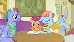 Size: 1920x1090 | Tagged: safe, derpibooru import, screencap, bow hothoof, scootaloo, windy whistles, pony, parental glideance, female, food, male, pasta and potato sandwich on sourdough, rainbow dash's parents, sandwich, scrapbook, shipping, straight, windyhoof