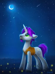 Size: 1200x1600 | Tagged: safe, artist:scheadar, derpibooru import, oc, unofficial characters only, firefly (insect), insect, pony, unicorn, crescent moon, facial hair, goatee, male, moon, purple mane, shooting star, solo, stallion, starry night, stars