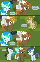 Size: 4550x7000 | Tagged: safe, artist:cyanlightning, derpibooru import, button mash, rumble, shady daze, oc, oc:cyan lightning, alicorn, earth pony, pegasus, pony, unicorn, comic:cyan's adventure, .svg available, absurd resolution, alicornified, blushing, buttoncorn, clothes, colt, comic, female, filly, hat, levitation, magic, male, mare, race swap, rule 63, scarf, spread wings, telekinesis, transformation, vector, wings