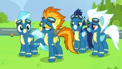 Size: 1920x1090 | Tagged: safe, derpibooru import, screencap, fleetfoot, misty fly, soarin', spitfire, pegasus, pony, parental glideance, clothes, runway, uniform, wonderbolts uniform