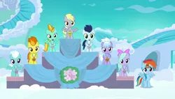 Size: 1920x1090 | Tagged: safe, derpibooru import, screencap, cloudchaser, derpy hooves, fleetfoot, flitter, lightning dust, rainbow dash, soarin', spitfire, pony, parental glideance, female, filly, filly derpy, medal, podium, spread wings, underp, wingboner, wings, younger
