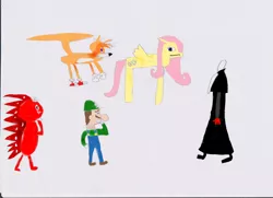 Size: 1750x1264 | Tagged: safe, artist:masonicon, derpibooru import, fluttershy, pony, cabadath, chzo mythos, crossover, flaky, gray background, happy tree friends, luigi, mario, miles "tails" prower, simple background, sonic the hedgehog (series)