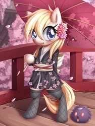 Size: 1289x1710 | Tagged: safe, artist:aryanne, derpibooru import, oc, oc:aryanne, unofficial characters only, pony, bipedal, clothes, colored pupils, flower, flower in hair, kimono (clothing), nazi, socks, solo, umbrella