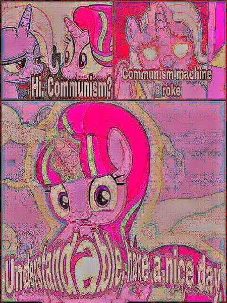 Size: 480x640 | Tagged: safe, derpibooru import, starlight glimmer, trixie, pony, unicorn, 8^y, communism, crossing the memes, deep fried meme, exploitable meme, eye contact, faic, female, frown, glimmerposting, glowing eyes, glowing eyes meme, lidded eyes, looking at each other, looking at you, mare, meme, needs more jpeg, open mouth, raised eyebrow, smiling, stalin glimmer, starlight says bravo, understandable have a nice day, wide eyes, 🅱