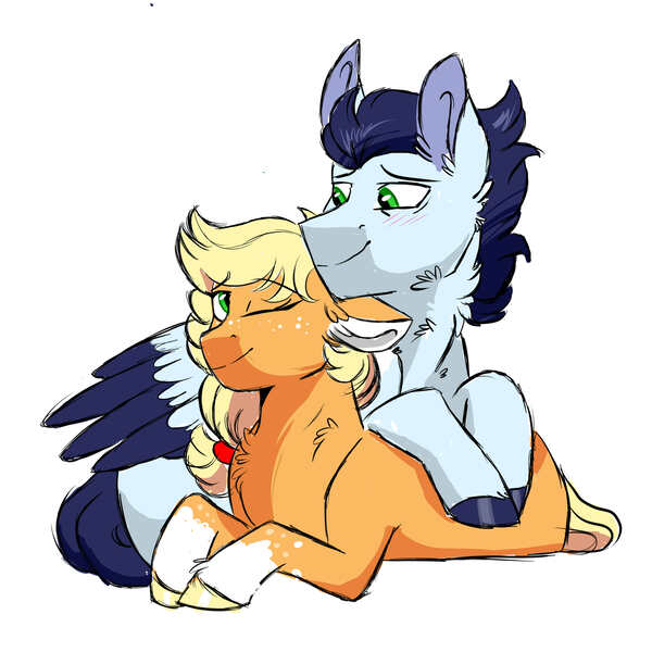 Size: 3000x3000 | Tagged: safe, artist:scarletskitty12, derpibooru import, applejack, soarin', earth pony, pegasus, pony, crack shipping, cuddling, female, floppy ears, male, mare, one eye closed, prone, shipping, simple background, smiling, soarinjack, stallion, straight, white background