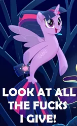 Size: 365x600 | Tagged: alicorn, derpibooru import, look at all the fucks i give, meme, my little pony: the movie, safe, seaponified, seapony (g4), seapony twilight, solo, species swap, twilight sparkle, twilight sparkle (alicorn), vulgar