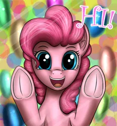 Size: 2000x2151 | Tagged: safe, artist:adagiostring, derpibooru import, pinkie pie, pony, fourth wall, frog (hoof), high res, smiling, solo, underhoof