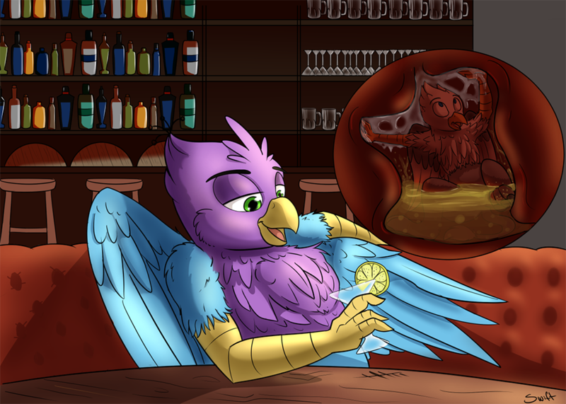 Size: 1000x714 | Tagged: questionable, artist:swiftsketchpone, derpibooru import, oc, oc:der, oc:gyro feather, oc:gyro tech, unofficial characters only, gryphon, alcohol, bar, crop (organ), drink, drinking, fetish, griffonized, internal, micro, species swap, vore