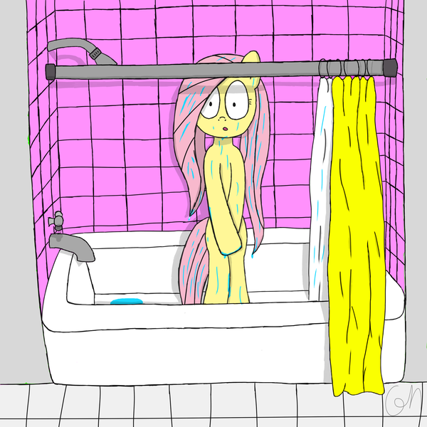 Size: 2048x2048 | Tagged: safe, artist:greeny-nyte, derpibooru import, fluttershy, pony, bathtub, bipedal, covering, embarrassed, looking at you, shower, shower curtain, solo, we don't normally wear clothes, wet, wet mane, wide eyes