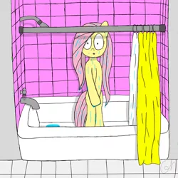 Size: 2048x2048 | Tagged: safe, artist:greeny-nyte, derpibooru import, fluttershy, pony, bathtub, bipedal, covering, embarrassed, looking at you, shower, shower curtain, solo, we don't normally wear clothes, wet, wet mane, wide eyes