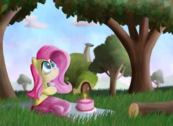 Size: 3507x2550 | Tagged: safe, artist:sweetbrew, derpibooru import, fluttershy, pony, cake, cup, fluttershy's cottage, food, grass, holding, hoof hold, looking up, picnic, sitting, smiling, solo, tree