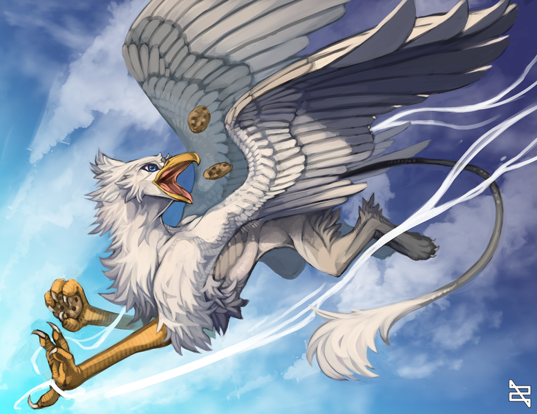 Size: 1280x989 | Tagged: safe, artist:zephra, derpibooru import, oc, oc:der, unofficial characters only, gryphon, cloud, cookie, flying, food, majestic, solo, that griffon sure "der"s love cookies