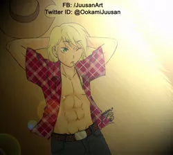 Size: 960x860 | Tagged: suggestive, artist:yuusan, derpibooru import, applejack, comic:si mlp fuera un manga yaoi, equestria girls, abs, applejack (male), bare chest, chest, clothes, comic, equestria guys, male, open clothes, open shirt, rule 63, solo