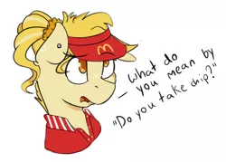 Size: 487x349 | Tagged: safe, artist:beardie, derpibooru import, oc, oc:curly fry, unofficial characters only, pony, bust, colored pupils, dialogue, female, freckles, mare, mcdonald's, portrait, simple background, solo, text, white background