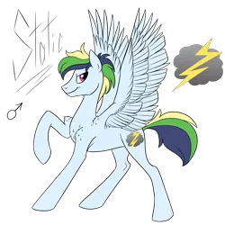 Size: 2700x2700 | Tagged: safe, artist:pampoke, derpibooru import, oc, oc:static, unofficial characters only, pegasus, pony, male, offspring, parent:applejack, parent:rainbow dash, parent:soarin', parents:soarindash, raised hoof, simple background, solo, sperm donation, stallion, transparent background