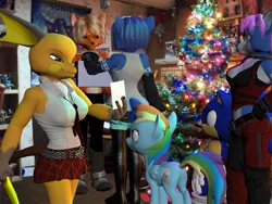 Size: 972x729 | Tagged: 3d, anthro, artist:rachidile, christmas, christmas lights, christmas tree, crossover, derpibooru import, holiday, krystal, kursed, pokémon, raichu, rainbow dash, safe, screenshots, sonic the hedgehog, sonic the hedgehog (series), star fox, tree