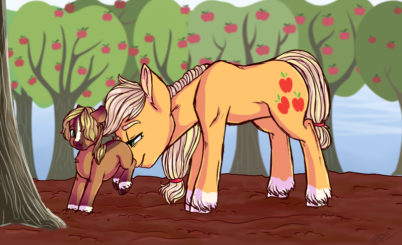 Size: 1024x625 | Tagged: safe, artist:loladotz, derpibooru import, applejack, oc, pony, apple, apple orchard, apple tree, blaze (coat marking), colt, duo, female, male, mare, mother and child, mother and son, nudging, offspring, orchard, parent:applejack, parent:troubleshoes clyde, parents:troublejack, socks (coat marking), story included, tree, unshorn fetlocks, wavy mouth