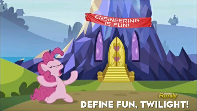 Size: 640x359 | Tagged: safe, derpibooru import, edit, edited screencap, screencap, pinkie pie, pony, rock solid friendship, banner, engineering, twilight's castle