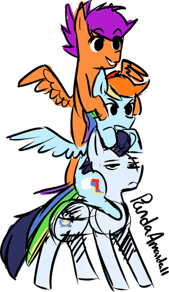 Size: 1375x2374 | Tagged: safe, artist:pandaamanda11, derpibooru import, rainbow dash, scootaloo, soarin', pony, ponies riding ponies, ponies riding ponies riding ponies, pony pile, riding, simple background, tower of pony, unamused, white background