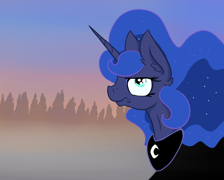 Size: 1689x1355 | Tagged: safe, artist:paskanaakka, derpibooru import, princess luna, pony, bust, ear fluff, fog, forest, night, sky, solo, stars, twilight (astronomy), unamused