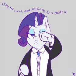 Size: 1280x1280 | Tagged: safe, artist:yakoshi, derpibooru import, rarity, pony, bolo tie, clothes, dancing, ear fluff, frog (hoof), pulp fiction, simple background, solo, suit, underhoof
