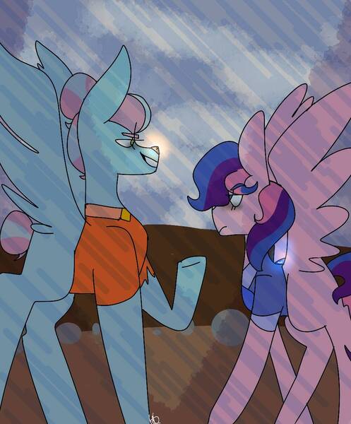 Size: 1000x1207 | Tagged: safe, artist:healingstreet, derpibooru import, oc, oc:galaxy guard, oc:turquoise edge, unofficial characters only, pegasus, pony, kindverse, crossover, jasper (steven universe), lapis lazuli (steven universe), looking at each other, offspring, parent:flash sentry, parent:limestone pie, parent:twilight sparkle, parent:zephyr breeze, parents:flashlight, parents:zephyrstone, steven universe