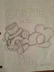 Size: 1200x1600 | Tagged: safe, artist:pinkiepie6680, derpibooru import, pinkie pie, pony, bowtie, five nights at freddy's, hat, lined paper, monochrome, prone, solo, top hat, traditional art