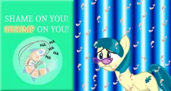 Size: 1062x571 | Tagged: safe, artist:trini-mite, derpibooru import, juniper montage, oc, oc:8&!-n, ponified, pony, shrimp, equestria girls, equestria girls ponified, food, forced meme, laughing, meme, shrimp on june