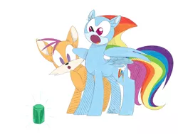 Size: 2035x1535 | Tagged: safe, artist:ogaraorcynder, derpibooru import, rainbow dash, scootaloo, anthro, hybrid, pegasus, pony, crossover, duo, emerald, female, gasp, miles "tails" prower, mineral, open mouth, sonic the hedgehog, sonic the hedgehog (series), sonicified, wat, wingding eyes