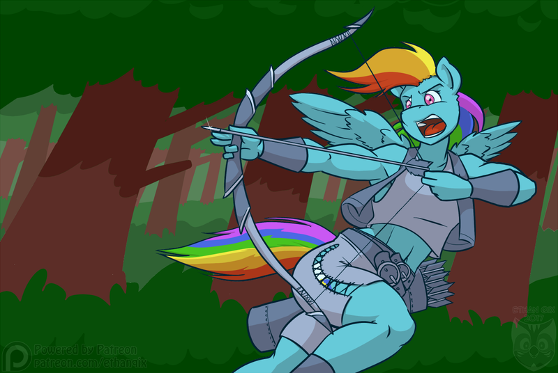 Size: 1200x804 | Tagged: alternate version, anthro, archer dash, armpits, arrow, artist:ethanqix, bow and arrow, bow (weapon), clothes, derpibooru import, female, forest, mare, midriff, muscles, open mouth, patreon, patreon logo, patreon reward, pegasus, quiver, rainbow dash, safe, shorts, solo, tanktop, tree, vest, weapon