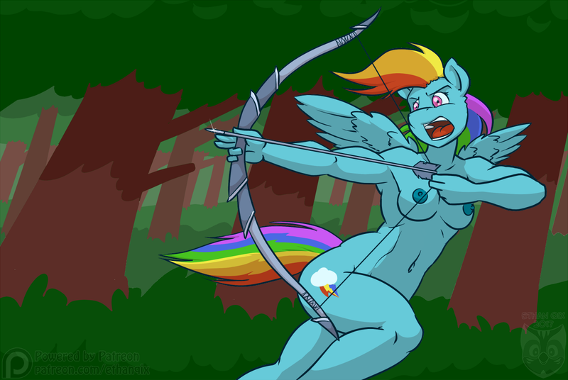 Size: 1200x804 | Tagged: anthro, armpits, arrow, artist:ethanqix, bow and arrow, bow (weapon), breasts, derpibooru import, female, forest, mare, multicolored hair, muscles, nipples, nudity, open mouth, patreon, patreon logo, patreon reward, pegasus, questionable, rainbow dash, solo, solo female, tree, weapon