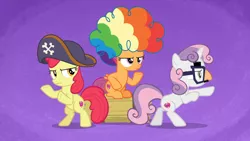 Size: 1920x1080 | Tagged: safe, derpibooru import, screencap, apple bloom, scootaloo, sweetie belle, pony, hard to say anything, agent rainbow head, charlie's angels, clown wig, cute, cutie mark crusaders, disguise, dressup, groucho mask, hat, pirate hat, pose as a team, shimmering spectacles, spyrate