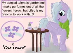 Size: 1125x824 | Tagged: safe, artist:zephyr!, derpibooru import, oc, oc:lilac breeze, unofficial characters only, pegasus, pony, blushing, clothes, female, lilac, mortar and pestle, perfume, scarf, simple background, solo, table, talking, talking to viewer