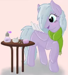 Size: 750x824 | Tagged: safe, artist:zephyr!, derpibooru import, oc, oc:lilac breeze, unofficial characters only, pegasus, pony, blushing, clothes, hair over one eye, lilac, mortar and pestle, perfume, pink background, raised hoof, scarf, simple background, solo, trotting