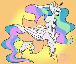 Size: 1024x851 | Tagged: safe, artist:flurryrose, derpibooru import, princess celestia, arceus, pony, crossover, fusion, gradient background, orange background, pokémon, simple background, solo, watermark