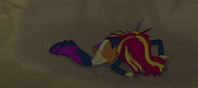 Size: 678x300 | Tagged: safe, derpibooru import, screencap, sunset shimmer, equestria girls, equestria girls (movie), boots, clothes, cropped, defeated, high heel boots, jacket, leather jacket, messy hair, shoes, skirt, solo