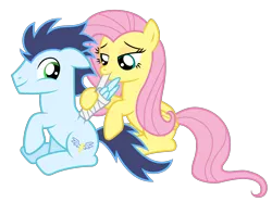 Size: 2143x1594 | Tagged: safe, artist:meandmyideas, derpibooru import, fluttershy, soarin', pegasus, pony, bandage, bedroom eyes, female, male, old cutie mark, shipping, simple background, soarinshy, straight, transparent background, vector