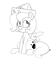 Size: 1280x1394 | Tagged: safe, artist:pabbley, derpibooru import, princess luna, pony, moonstuck, 30 minute art challenge, cartographer's cap, cute, female, filly, hat, monochrome, simple background, sitting, solo, white background, woona, younger