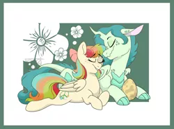 Size: 1200x892 | Tagged: safe, artist:broohan, derpibooru import, oc, oc:boston fern, oc:iris, unofficial characters only, pegasus, pony, egg, eyes closed, female, lesbian, mare, oc x oc, offspring, offspring's offspring, parent:oc:princess iridescence, parent:oc:prism bolt, parent:oc:rosemary, parent:oc:turquoise blitz, parents:oc x oc, prone, shipping