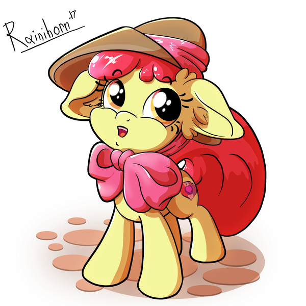 Size: 2480x2480 | Tagged: safe, artist:rainihorn, derpibooru import, apple bloom, earth pony, pony, adorabloom, clothes, cute, cutie mark, female, filly, hat, open mouth, simple background, solo, the cmc's cutie marks, white background