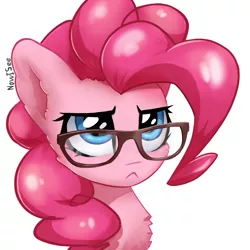 Size: 1920x1920 | Tagged: safe, artist:inowiseei, derpibooru import, pinkie pie, earth pony, pony, :<, :c, >:c, bust, cute, diapinkes, female, frown, glasses, grumpy, mare, portrait, serious, serious face, simple background, solo, white background