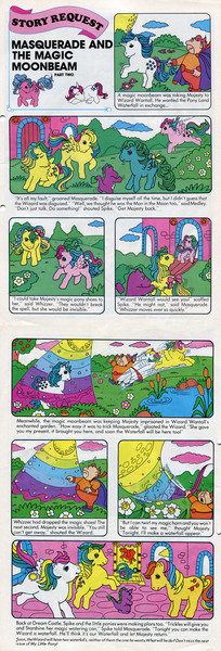 Size: 652x1916 | Tagged: safe, derpibooru import, official, majesty, masquerade (g1), medley, skydancer, spike (g1), starshine, trickles, whizzer, pony, comic:my little pony (g1), captured, comic, cunning plan, g1, horn, magic horseshoes, masquerade and the magic moonbeam, tail, tail pull, twirled her magic horn, watering can, wizard wantall