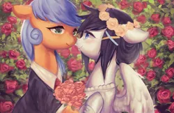 Size: 960x623 | Tagged: artist needed, source needed, safe, derpibooru import, oc, oc:lan wu, oc:文毛, unofficial characters only, pony, female, flower, lesbian, looking at each other, marriage, wedding