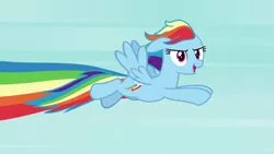 Size: 1920x1080 | Tagged: safe, derpibooru import, screencap, rainbow dash, pegasus, pony, all bottled up, >:d, best friends until the end of time, cute, dashabetes, female, flying, happy, mare, open mouth, smiling, smirk, solo