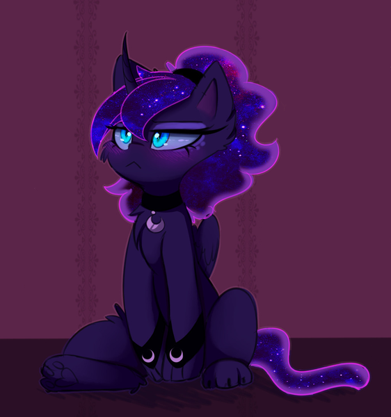 Size: 1030x1100 | Tagged: safe, alternate version, artist:magnaluna, derpibooru import, edit, princess luna, cat, :<, blushing, catified, chest fluff, collar, cropped, curved horn, cute, ear fluff, ethereal mane, female, galaxy mane, grumpy luna, horn, i'm not cute, leg fluff, lunabetes, paws, solo, species swap, textless, underpaw, wingding eyes