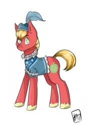 Size: 1024x1448 | Tagged: safe, artist:cluelesstuna, derpibooru import, big macintosh, earth pony, pony, hard to say anything, clothes, dressup, male, prince outfit, ruff (clothing), simple background, solo, stallion, white background